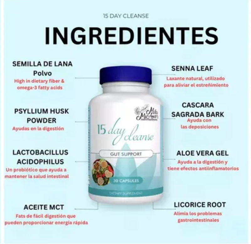 Suplemento Limpieza de 15 Días para Intestino✅ 💩y Colon sin cafeína con sen, cáscara sagrada y psyllium 30 cápsulas
