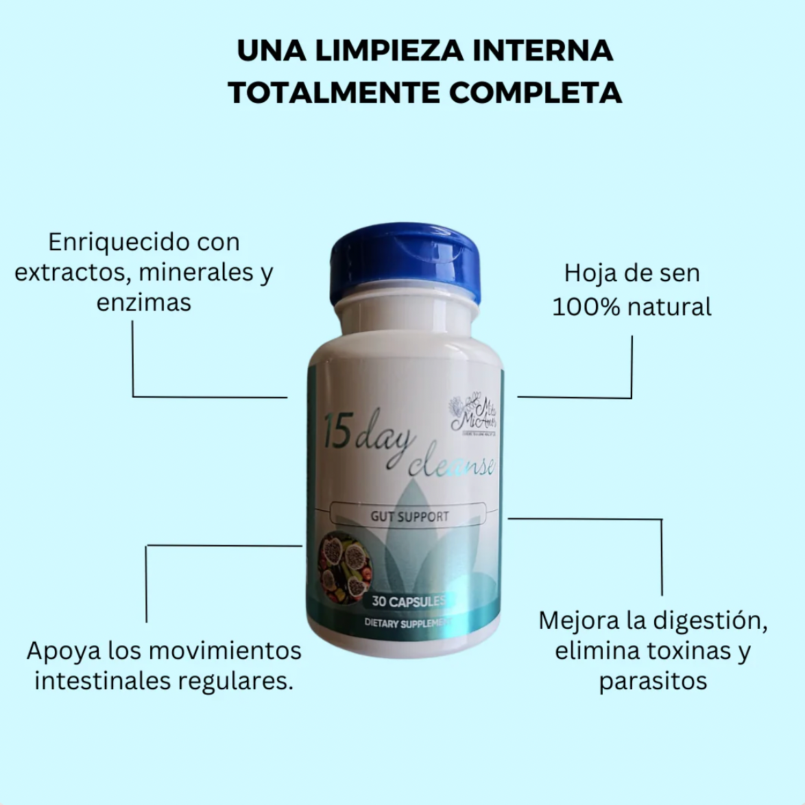Suplemento Limpieza de 15 Días para Intestino y Colon sin cafeína con sen, cáscara sagrada y psyllium 30 cápsulas