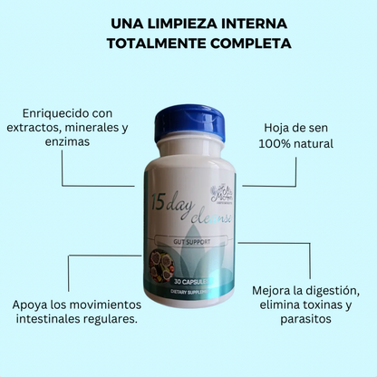 Suplemento Limpieza de 15 Días para Intestino y Colon sin cafeína con sen, cáscara sagrada y psyllium 30 cápsulas