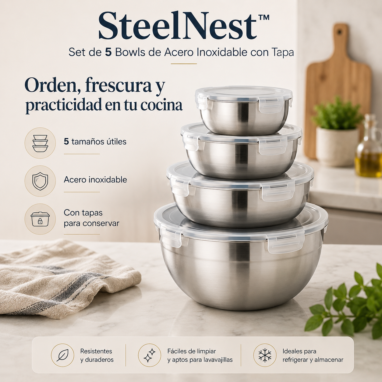 SteelNest™ – Set de 5 Bowls de Acero Inoxidable con Tapa