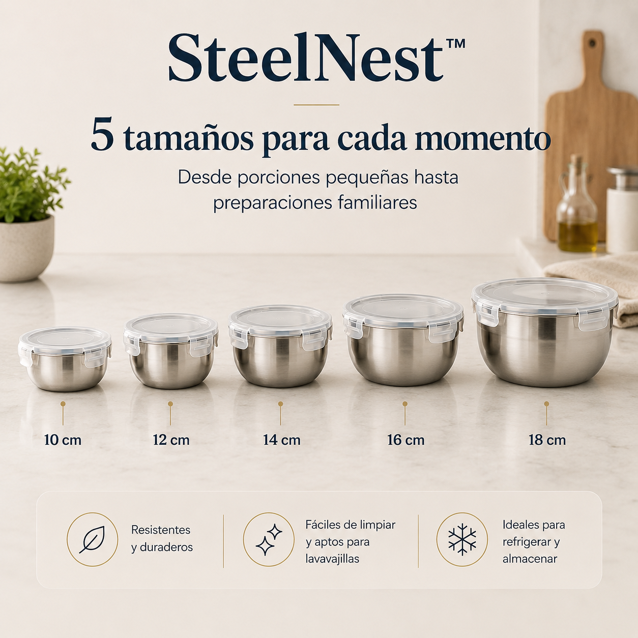 SteelNest™ – Set de 5 Bowls de Acero Inoxidable con Tapa