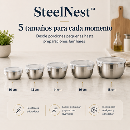 SteelNest™ – Set de 5 Bowls de Acero Inoxidable con Tapa