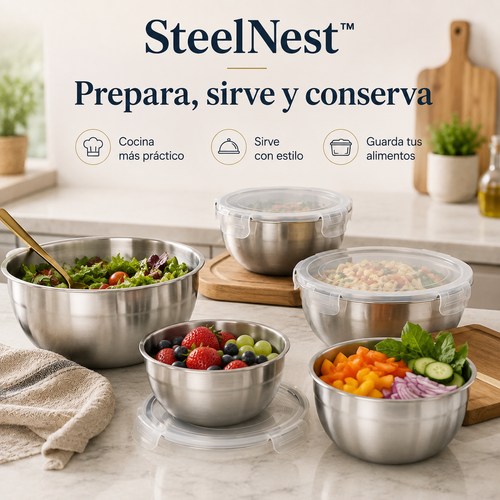 SteelNest™ – Set de 5 Bowls de Acero Inoxidable con Tapa