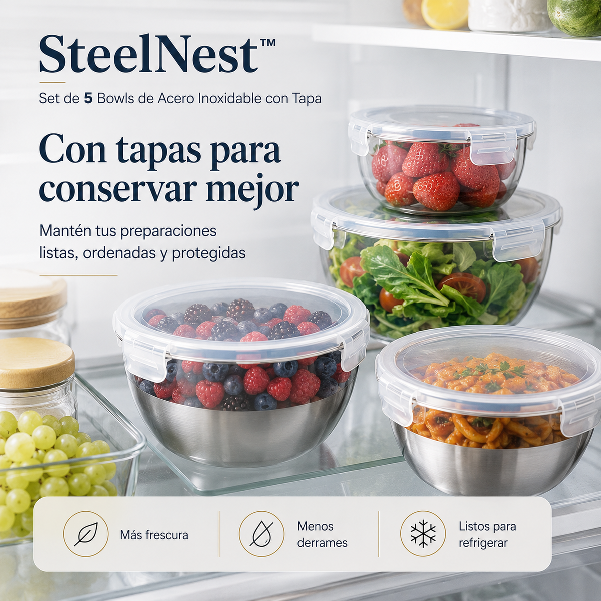 SteelNest™ – Set de 5 Bowls de Acero Inoxidable con Tapa