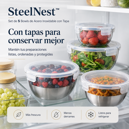 SteelNest™ – Set de 5 Bowls de Acero Inoxidable con Tapa