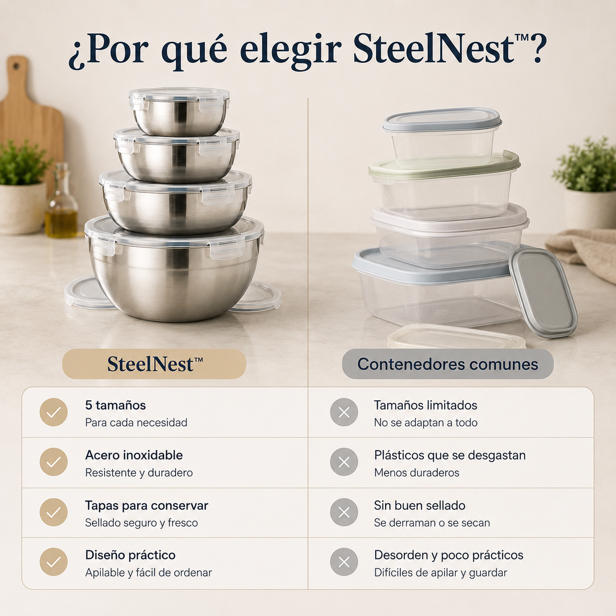 SteelNest™ – Set de 5 Bowls de Acero Inoxidable con Tapa