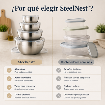 SteelNest™ – Set de 5 Bowls de Acero Inoxidable con Tapa