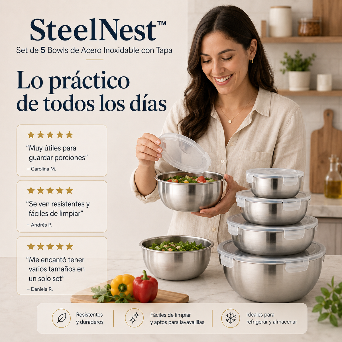 SteelNest™ – Set de 5 Bowls de Acero Inoxidable con Tapa