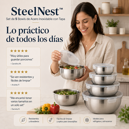 SteelNest™ – Set de 5 Bowls de Acero Inoxidable con Tapa