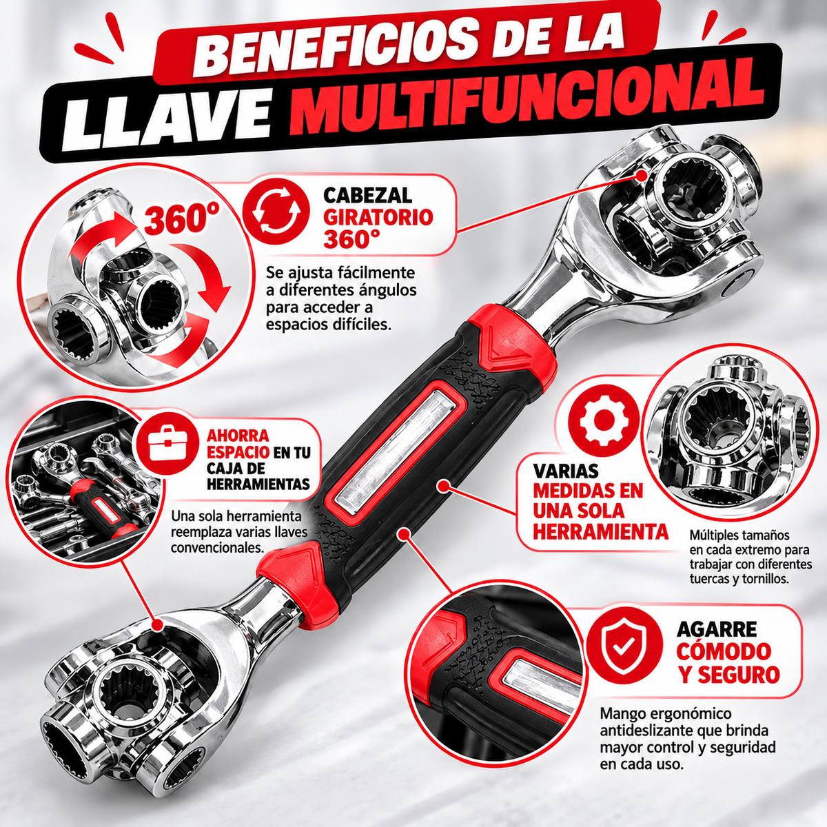 Llave Multifuncional 48 en 1 – Cabezal Giratorio 360°