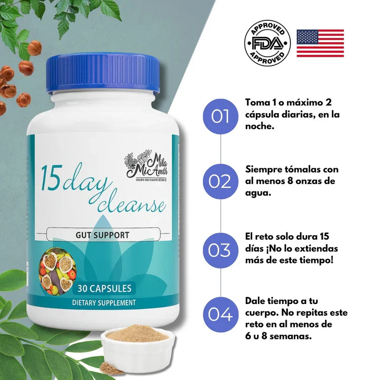 Suplemento Limpieza de 15 Días para Intestino y Colon sin cafeína con sen, cáscara sagrada y psyllium 30 cápsulas